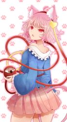 Rule 34 | 1girl, ahoge, animal ears, arano oki, bare shoulders, black hairband, blouse, blue shirt, cat ears, cat tail, commentary request, cowboy shot, frilled shirt collar, frills, from behind, hair ornament, hairband, head tilt, heart, heart hair ornament, highres, holding, kemonomimi mode, komeiji satori, long sleeves, looking at viewer, looking back, miniskirt, off shoulder, open mouth, outline, paw print, paw print background, pink hair, pink outline, pink skirt, red eyes, shirt, short hair, simple background, skirt, solo, standing, tail, thighs, third eye, touhou, white background, wide hips