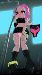 Rule 34 | 1girl, absurdres, agent 8 (splatoon), artist name, backlighting, black panties, black shirt, black skirt, blouse, blush, boots, bracelet, breasts, cameltoe, chivi-chivik, closed mouth, crop top, embarrassed, female focus, forehead, from below, full body, hand up, have to pee, high heels, highres, indoors, jewelry, knee boots, long hair, long sleeves, medium breasts, microskirt, midriff, miniskirt, navel, nintendo, nipple slip, nipples, nose blush, orange eyes, panties, pantyshot, partially unzipped, pigeon-toed, pink hair, pink panties, pointy ears, shirt, sidelocks, signature, single bare shoulder, single sleeve, skindentation, skirt, solo, splatoon (series), splatoon 2, splatoon 2: octo expansion, split mouth, standing, stomach, suction cups, tears, tentacle hair, thigh strap, train interior, twitter username, underwear, upskirt, urine meter, window, zipper, zipper pull tab