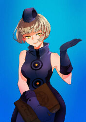 Rule 34 | 1girl, blue background, blue gloves, blue hat, book, commentary, elizabeth (persona), eyelashes, gloves, gradient background, grey hair, hat, highres, holding, holding book, kyougetsu (junrai), open mouth, persona, persona 3, persona 3 reload, short hair, simple background, smile, solo, teeth, upper teeth only