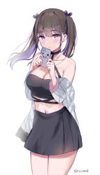 Rule 34 | 1girl, bare shoulders, black choker, black shirt, black skirt, breasts, brown hair, choker, cleavage, cowboy shot, crop top, grey jacket, hair ribbon, hands up, high-waist skirt, highres, holding, jacket, kaetzchen, large breasts, long hair, long sleeves, looking at viewer, midriff, miniskirt, navel, off shoulder, open clothes, open jacket, original, pleated skirt, purple eyes, ribbon, shirt, simple background, skindentation, skirt, sleeveless, sleeveless shirt, solo, standing, thighs, twintails, white background