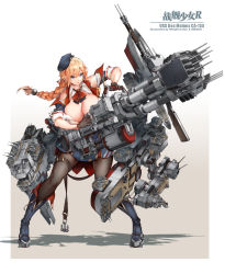 Rule 34 | 1girl, anchor, beret, black pantyhose, blonde hair, blue eyes, boots, braid, braided ponytail, breasts, cannon, des moines (warship girls r), gatling gun, gun, hat, highres, holding, holding gun, holding weapon, large breasts, long hair, machinery, official art, pantyhose, ponytail, solo, turret, warship girls r, weapon, windforcelan