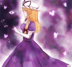 Rule 34 | 1girl, bad id, bad pixiv id, blonde hair, blush, breasts, bug, butterfly, choker, dress, elbow gloves, from side, gap (touhou), gloves, glowing butterfly, hand up, hat, hat ribbon, insect, koto (shiberia39), medium breasts, mob cap, profile, puffy short sleeves, puffy sleeves, purple dress, purple eyes, purple theme, ribbon, ribbon choker, short sleeves, smile, solo, touhou, white gloves, yakumo yukari