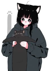 Rule 34 | 1girl, ahoge, animal, animal ear fluff, animal ears, black cat, black eyes, black hair, blunt bangs, blush, blush stickers, cat, cat ears, cat girl, commentary request, dot mouth, dot nose, grey hoodie, highres, holding, holding animal, holding cat, hood, hoodie, longcat (meme), looking down, megateru, meme, messy hair, nose blush, original, oversized clothes, partial commentary, paw print, solo, upper body, white background