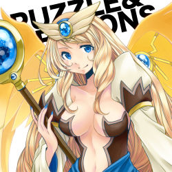 Rule 34 | 1girl, archangel (p&amp;d), blonde hair, blue eyes, breasts, copyright name, large breasts, long hair, navel, puzzle &amp; dragons, rei (reins), smile, solo, staff, white background, wings