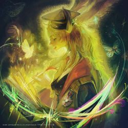 Rule 34 | animal ears, book, bug, butterfly, final fantasy, final fantasy xiv, hat, highres, insect, jacket, long hair, medal, official art, quill, rabbit ears, scholar (final fantasy), smile, viera