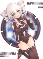 Rule 34 | apt-777, bare shoulders, black sister, bodysuit, boots, breasts, gloves, green eyes, happy, heels, highres, leggings, long hair, neptune (series), open mouth, small breasts, thighs, twin drills, twintails, uni (neptunia), white hair