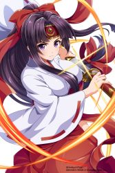 Rule 34 | 1girl, absurdres, artist request, black hair, bow, breasts, closed mouth, company connection, hair bow, hair ribbon, hakama, hakama skirt, headband, highres, hip vent, holding, holding sword, holding weapon, japanese clothes, large breasts, long hair, long sleeves, looking at viewer, low-tied long hair, miko, official art, parted bangs, ponytail, purple eyes, queen&#039;s blade, queen&#039;s blade unlimited, queen&#039;s blade white triangle, red hakama, ribbon, ribbon-trimmed sleeves, ribbon trim, sheath, sidelocks, skirt, solo, sword, tomoe (queen&#039;s blade), tomoe (queen&#039;s blade unlimited), unsheathing, weapon