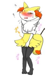Rule 34 | 1girl, animal ears, animal hands, between legs, blush, braixen, creatures (company), embarrassed, fangs, feet, female focus, flying sweatdrops, fox ears, fox tail, full body, furry, furry female, game freak, gen 6 pokemon, half-closed eyes, hand between legs, have to pee, holding own arm, knees together feet apart, nintendo, open mouth, pigeon-toed, pokemon, pokemon (creature), pokemon xy, red eyes, seiya mesu, simple background, solo, standing, stick, sweat, tail, tears, text focus, translation request, trembling, white background