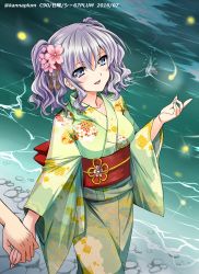 Rule 34 | 10s, 1boy, 1girl, :d, admiral (kancolle), artist name, blush, breasts, collarbone, eyebrows, floral print, flower, hair flower, hair ornament, hetero, highres, holding hands, japanese clothes, kanna (plum), kantai collection, kashima (kancolle), kimono, light purple hair, long sleeves, looking at viewer, medium breasts, open mouth, outdoors, pink flower, purple eyes, ribbon, river, rock, sash, smile, solo focus, tassel, underbust, walking, water, wavy hair, wide sleeves, yellow ribbon