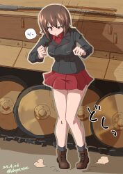 Rule 34 | 1girl, absurdres, ankle boots, black footwear, black jacket, black socks, boots, brown eyes, brown hair, commentary, dated, dress shirt, drops mint, frown, girls und panzer, half-closed eye, highres, jacket, jumping, kuromorimine military uniform, landing, long sleeves, looking down, military uniform, military vehicle, miniskirt, motion lines, motor vehicle, nishizumi maho, notice lines, open mouth, pleated skirt, red shirt, red skirt, shirt, short hair, skirt, socks, solo, tank, translated, twitter username, uniform, wince, wing collar