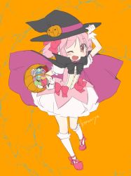 Rule 34 | 10s, 1girl, :3, bad id, bad pixiv id, bucket, candy, cloak, food, hat, kaname madoka, koruri, mahou shoujo madoka magica, mahou shoujo madoka magica (anime), one eye closed, open mouth, pink eyes, pink hair, simple background, sketch, skirt, smile, solo, trick or treat, wink, witch hat