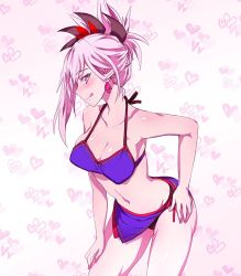 Rule 34 | 1girl, asymmetrical hair, bare shoulders, bikini, blue eyes, blush, breasts, cleavage, collarbone, commentary request, cowboy shot, earrings, eyelashes, fate/grand order, fate (series), hair ornament, hand on own ass, hand on own thigh, heart, heart background, heart pattern, heart print, higata akatsuki, jewelry, large breasts, long hair, looking at viewer, miyamoto musashi (fate), navel, pink hair, ponytail, smile, solo, swimsuit, thighs, tongue, tongue out