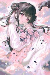 Rule 34 | 1girl, :o, black hair, dot nose, double bun, film grain, floral print, flower, frills, fymrie, hair bun, hand up, highres, holding, holding flower, long sleeves, lying, multicolored hair, on side, open mouth, original, pink eyes, pink flower, pink hair, pink skirt, pink theme, ribbon, shirt, sidelocks, skirt, solo, sparkle, star-shaped pupils, star (symbol), symbol-shaped pupils, twintails, twitter username, two-tone hair, watermark, white shirt