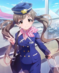 Rule 34 | 10s, 1girl, aircraft, airplane, bag, brown eyes, brown hair, day, flight attendant, hakozaki serika, hat, idolmaster, idolmaster million live!, lens flare, looking at viewer, luggage, messenger bag, musical note, official art, pencil skirt, scarf, shoulder bag, skirt, sky, smile, sparkle, travel attendant, twintails, uniform, v