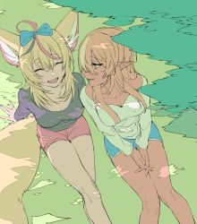 Rule 34 | ahoge, animal ears, blonde hair, blush, bow, breasts, cleavage, dark-skinned female, dark skin, elf, fennec fox, fox ears, fox girl, fox tail, hair ornament, highres, hololive, kakult2017, large breasts, long hair, low twintails, multicolored hair, multiple girls, omaru polka, open mouth, pink hair, pointy ears, shiranui flare, shorts, smile, streaked hair, tail, twintails, virtual youtuber