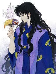 Rule 34 | 1boy, black hair, blue kimono, bug, eyeliner, highres, insect on finger, insect wings, inuyasha, japanese clothes, kimono, long hair, long sleeves, looking at viewer, looking to the side, makeup, male focus, naraku (inuyasha), red eyes, stinger, very long hair, white background, wide sleeves, wings, zuchi wan