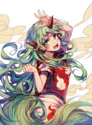 Rule 34 | 1girl, animal ears, cloud print, collared shirt, curly hair, green eyes, green hair, highres, horns, komano aunn, long hair, looking at viewer, midriff, open mouth, red shirt, shirt, short sleeves, simple background, single horn, smile, solo, tail, teeth, tongue, touhou, very long hair, white background, yudaoshan
