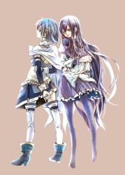 Rule 34 | 10s, 2girls, akemi homura, beige background, black hair, blue eyes, blue hair, boots, cape, ego6, fortissimo, gloves, hair ornament, hairband, hairclip, high heels, long hair, looking at another, looking at viewer, looking back, magical girl, mahou shoujo madoka magica, mahou shoujo madoka magica (anime), miki sayaka, multiple girls, musical note, musical note hair ornament, pantyhose, pinky out, purple eyes, short hair, simple background, skirt, smile, thighhighs, very long hair, white gloves, white legwear, zettai ryouiki