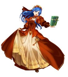 Rule 34 | 1girl, blue eyes, blue hair, box, breasts, brown footwear, bunbun, choker, dress, fire emblem, fire emblem: the binding blade, fire emblem heroes, full body, gift, gift box, hat, highres, holding, holding clothes, holding gift, holding skirt, juliet sleeves, lilina (fire emblem), lilina (valentine) (fire emblem), long dress, long hair, long skirt, long sleeves, medium breasts, nintendo, official art, open mouth, puffy sleeves, ribbon, skirt, solo, transparent background