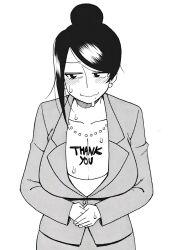 Rule 34 | 1girl, asymmetrical bangs, bijin onna joushi takizawa-san, black eyes, black hair, blazer, blush, body writing, breasts, business suit, cleavage, collarbone, curvy, earrings, embarrassed, eyebrows, female focus, formal, hair bun, hourglass, jacket, jewelry, large breasts, long bangs, looking to the side, mole, mole under mouth, monochrome, necklace, office lady, own hands clasped, parted bangs, pen (medium), sagging breasts, smile, solo, solo focus, standing, suit, takizawa kyouko, traditional media, yan-baru