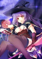 Rule 34 | book, boots, breasts, broom, broom riding, capelet, cleavage, corset, covered erect nipples, garter straps, gloves, gradient background, hat, highres, kaku-san-sei million arthur, kur (kur0320), long hair, magic, magic circle, million arthur (series), moon, night (sky), no bra, purple hair, sitting, thigh boots, thighhighs, underboob, witch, witch hat, yellow eyes
