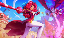 Rule 34 | 1girl, cannon, castle, cookie run, curly hair, dragon, fire, flag, gingerbread man, highres, humanization, long sleeves, nochdraws, pants, personification, pink hair, raspberry cookie, sky, smoke, sword, tan, tongue, weapon, white pants