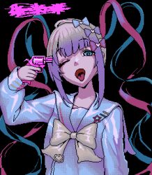 Rule 34 | blue eyes, blue hair, bow, chouzetsusaikawa tenshi-chan, drill hair, eencya, gun, gun to head, hair bow, holographic clothing, large bow, long hair, long sleeves, looking at viewer, multicolored hair, needy girl overdose, official art, pin, pink hair, pixel art, quad tails, second-party source, solo, sonatine, tongue, tongue out, twin drills, upper body, uvula, weapon, white hair, yellow bow
