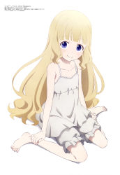 Rule 34 | 1girl, absurdres, bare arms, barefoot, blonde hair, blue eyes, blunt bangs, closed mouth, collarbone, emilico (shadows house), feet, flat chest, highres, koizumi hatsue, long hair, looking at viewer, megami magazine, nightgown, official art, on ground, scan, shadows house, sidelocks, simple background, sitting, smile, solo, toes, white background, white nightgown