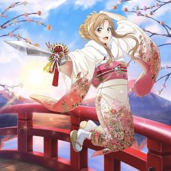Rule 34 | 1girl, :d, arm up, asuna (sao), blue sky, brown eyes, brown hair, cloud, day, floating hair, full body, fur trim, hair between eyes, hair ornament, holding, holding weapon, japanese clothes, jumping, kimono, long hair, looking at viewer, obi, open mouth, outdoors, sash, sidelocks, sky, smile, snowflakes, socks, solo, sword, sword art online, tabi, tree, weapon, white socks, yukata