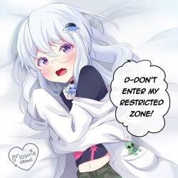 Rule 34 | 1girl, alien, area 51, area 51-chan, black shirt, blush, borrowed character, fang, flying saucer, glasses, hair ornament, imminent rape, lab coat, long hair, long sleeves, meme, midriff, moshiedraws, navel, on bed, original, personification, purple eyes, sexually suggestive, shirt, signature, solo, spacecraft, white hair