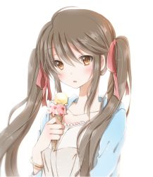 Rule 34 | 1girl, bad id, bad pixiv id, bangle, blue jacket, blush, bracelet, brown hair, collarbone, food, hair between eyes, hair ribbon, hand up, hiro (hirohiro31), holding, holding food, ice cream, ice cream cone, jacket, jewelry, lace trim, long hair, looking at viewer, open clothes, open jacket, original, red ribbon, ribbon, sidelocks, simple background, solo, twintails, upper body, white background