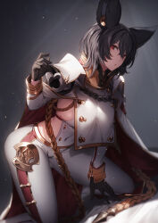 Rule 34 | 1girl, aiguillette, animal ears, black gloves, black hair, breasts, cape, covered navel, erune, foot out of frame, genyaky, gloves, granblue fantasy, hair between eyes, highres, ilsa (granblue fantasy), large breasts, long sleeves, looking at viewer, military, military uniform, pants, parted lips, red eyes, short hair, sideboob, signature, solo, uniform, white cape, white pants