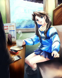 Rule 34 | 1girl, blue eyes, brown hair, cafe, coz (commit), cup, hood, hoodie, long hair, non-web source, original, solo, twintails