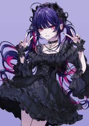 Rule 34 | 1girl, 402 (o0 xxx), absurdres, black theme, crazy, demon, demon girl, goth fashion, gothic lolita, highres, lolita fashion, original, piercing, purple background, simple background
