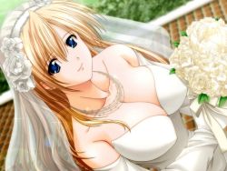 Rule 34 | 1girl, bin can darling, blonde hair, blue eyes, bouquet, breasts, bridal veil, bride, cleavage, day, dress, flower, from above, game cg, gloves, jewelry, large breasts, looking up, necklace, outdoors, solo, tachibana kozue, veil, wedding dress
