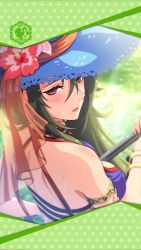Rule 34 | 1girl, artist request, bangle, body jewelry, bracelet, breasts, flower, framed image, gae bolg (phantom of the kill), green hair, hat, highres, holding, jewelry, large breasts, long hair, official art, phantom of the kill, sun hat, swimsuit