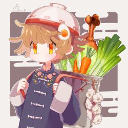 Rule 34 | 1girl, artist name, bad id, bad pixiv id, bowl, bowl hat, brown hair, carrot, chinese clothes, egasumi, egg hair ornament, food-themed hair ornament, garlic, hair ornament, hat, highres, orange eyes, original, outline, pot, short hair, solo, sorata123, spring onion, tangzhuang, two-tone background, upper body, white outline