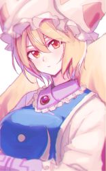 Rule 34 | 1girl, animal ears, animal hat, arms under breasts, blonde hair, blurry, breasts, depth of field, dress, fox ears, fox tail, hat, head tilt, highres, kosaka sakasa, large breasts, light blush, looking at viewer, mob cap, multiple tails, one-hour drawing challenge, short hair, simple background, solo, tabard, tail, touhou, upper body, white background, white dress, yakumo ran, yellow eyes