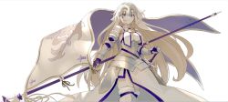 Rule 34 | 1girl, armor, blonde hair, blue eyes, blue gloves, boots, breastplate, breasts, closed mouth, commentary request, diadem, elbow gloves, fate/apocrypha, fate (series), fingerless gloves, flag, fur trim, gauntlets, gloves, hand on hilt, holding, holding flag, jeanne d&#039;arc (fate), jeanne d&#039;arc (ruler) (fate), jeanne d&#039;arc (third ascension) (fate), large breasts, long hair, looking at viewer, shirabi, simple background, smile, solo, standing, sword, thighhighs, thighhighs under boots, very long hair, weapon, white background