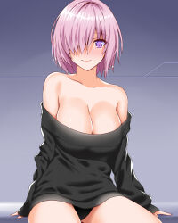 Rule 34 | 1girl, bare shoulders, black panties, blush, breasts, cleavage, collarbone, commentary request, engo (aquawatery), fate/grand order, fate (series), hair over one eye, highres, large breasts, looking at viewer, mash kyrielight, off-shoulder sweater, off shoulder, panties, purple eyes, purple hair, ribbed sweater, short hair, sitting, smile, solo, sweater, underwear