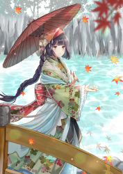 Rule 34 | 1girl, autumn leaves, braid, bridge, brown eyes, day, japanese clothes, kimono, kusunokinawate, leaf, long hair, maple leaf, md5 mismatch, oil-paper umbrella, original, outdoors, resolution mismatch, solo, source larger, standing, umbrella, water, wide sleeves