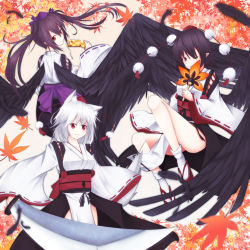 Rule 34 | 3girls, animal ears, autumn leaves, black hair, black wings, bow, breasts, brown hair, camera phone, cellphone, covering own mouth, detached sleeves, feathered wings, feathers, geta, hand fan, hat, himekaidou hatate, inubashiri momiji, kourindou tengu costume, leaf fan, looking at viewer, looking back, multiple girls, obi, one eye closed, phone, pointy ears, pom pom (clothes), red eyes, ribbon-trimmed sleeves, ribbon trim, sash, shameimaru aya, shirua (s4-42424), short hair, silver hair, small breasts, smile, socks, sword, tail, tengu-geta, tokin hat, touhou, twintails, weapon, wide sleeves, wings, wolf ears, wolf tail
