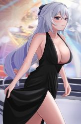 Rule 34 | 1girl, absurdres, aircell, alternate costume, armpits, bare arms, bare shoulders, black eyes, bow, breasts, bronya zaychik, bronya zaychik (silverwing: n-ex), cleavage, cocktail dress, cowboy shot, dress, grey hair, hair bow, halter dress, halterneck, highres, honkai (series), honkai impact 3rd, large breasts, long hair, looking at viewer, no bra, side slit, sleeveless, sleeveless dress, smile, solo, thighs, very long hair