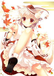 Rule 34 | 1girl, animal ears, bad id, bad pixiv id, bloomers, blush, detached sleeves, geta, gradient background, hat, inubashiri momiji, leaf, looking at viewer, maple leaf, moi (licoco), nontraditional miko, pom pom (clothes), red eyes, short hair, solo, tokin hat, touhou, underwear, white hair, wolf ears