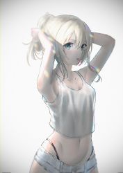 Rule 34 | 1girl, adjusting hair, armpits, blue eyes, breasts, collarbone, colored skin, crop top, hair tie, highres, looking at viewer, mouth hold, navel, original, parted lips, short hair, short ponytail, sleeveless, small breasts, solo, teraguchi, white hair, white skin