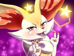 Rule 34 | 1girl, animal ears, animal hands, artist request, blush, braixen, claws, creatures (company), double v, fox ears, furry, furry female, game freak, gen 6 pokemon, half-closed eyes, hands up, highres, looking at viewer, nintendo, no humans, open mouth, pokemon, pokemon (creature), pokemon xy, purple background, red eyes, sharp teeth, simple background, smile, solo, teeth, v