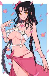 Rule 34 | 1girl, bead bracelet, beads, bikini, black hair, blush, bracelet, braid, breasts, cleavage, fate/grand order, fate (series), flower, grin, hacco mayu, highres, jewelry, large breasts, long hair, looking at viewer, multicolored hair, navel, necklace, pink hair, red bikini, sessyoin kiara, sessyoin kiara (swimsuit mooncancer), sessyoin kiara (swimsuit mooncancer) (first ascension), smile, solo, swimsuit, tattoo, twin braids, two-tone hair, underboob, very long hair, white bikini, yellow eyes