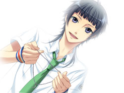 Rule 34 | 1boy, :d, black hair, blue eyes, dutch angle, game cg, jewelry, kinose azusa, looking at viewer, male focus, necklace, open mouth, pendant, pov, simple background, smile, solo, starry sky (game), white background