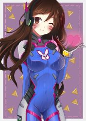 Rule 34 | 1girl, animal print, arm behind back, bodysuit, border, breasts, brown eyes, brown hair, clothes writing, covered navel, cowboy shot, d.va (overwatch), doritos, facepaint, facial mark, gloves, gluteal fold, headphones, heart, high collar, large breasts, long hair, looking at viewer, making-of available, mikitori, one eye closed, overwatch, overwatch 1, parted lips, pilot suit, purple background, rabbit print, ribbed bodysuit, shoulder pads, skin tight, smile, solo, swept bangs, whisker markings, white border, white gloves