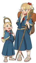 Rule 34 | 2girls, absurdres, alternate form, ambrosia (dungeon meshi), backpack, bag, blonde hair, blue capelet, blue robe, braid, bright pupils, capelet, commentary request, covering own mouth, dungeon meshi, elf, feet, full body, green eyes, halfling, highres, holding, holding staff, long hair, looking at another, mage staff, marcille donato, marcille donato (half-foot), multiple girls, opossumachine, pointy ears, robe, sandals, staff, standing, toes, white pupils